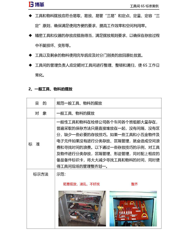 工具間一般工具，物料的擺放